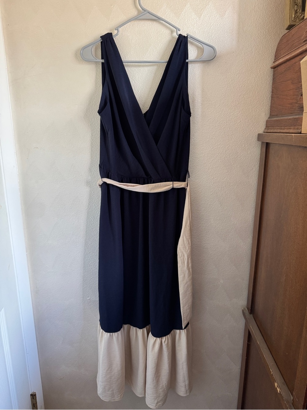 DKNY Sleeveless Navy Midi Dress with Cream Trim and Waist Tie